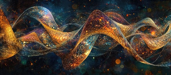 Colorful abstract helix line structure intertwined with metallic particles against a dark background with dimensional depth and vibrant hues of gold and blue.