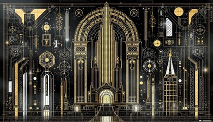 Art Deco Building Blueprint Gold Design Print