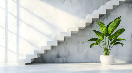 Poster - Modern interior white stairs, plant, sunlight