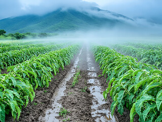 Poster - Misty morning irrigation in rural farmland