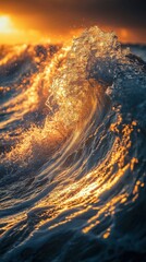 Wall Mural - Breaking ocean wave at sunset with vibrant colors and reflections in the water