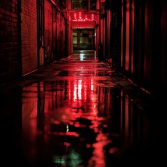 Poster - long hallway illuminated by red light with neon glow reflections in a cyberpunk dark alley setting