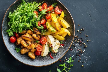 Wall Mural - Roasted potato, chicken, salad plate, dark background, healthy meal