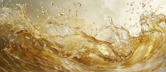 Wall Mural - Golden liquid droplets splashing through dark amber water waves creating dynamic motion with smooth textures and glistening reflections in the background