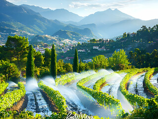 Poster - Vineyard irrigation, mountain backdrop, sunny day, agriculture