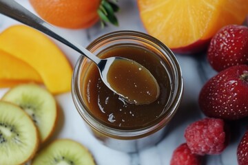 Aufkleber - Fresh fruit preserves with sliced fruits on a marble countertop in natural light