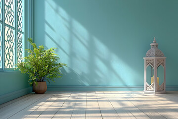 Poster - Serene teal room, sunlight, plant, lantern. Interior design, home decor