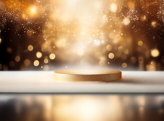 Wall Mural - a golden podium is illuminated by a radiant, sparkling light against a dark backdrop with bokeh effe