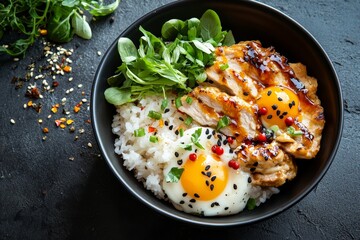 Wall Mural - Teriyaki Chicken Rice Bowl with Egg, Greens, Spices