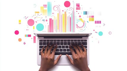 Wall Mural - hands typing on laptop with colorful data visualization elements