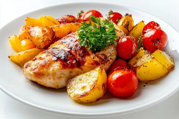 Wall Mural - Grilled chicken breast, roasted vegetables, plate, white background, healthy meal