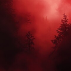 Wall Mural - Red foggy forest landscape with trees and eerie light in the background creating a mysterious atmosphere