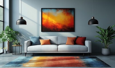 Wall Mural - Modern Minimalist Living Room Interior Design with Gray Sofa Natural Lighting and Cozy Aesthetic