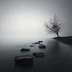 Wall Mural - Lone tree in misty landscape with soft fog creating a mysterious serene atmosphere at dawn