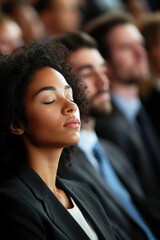 Wall Mural - A serene scene of a woman meditating during a conference or lecture. The woman is in the foreground, seated cross-legged with her eyes closed, appearing to be in a state of deep relaxation or