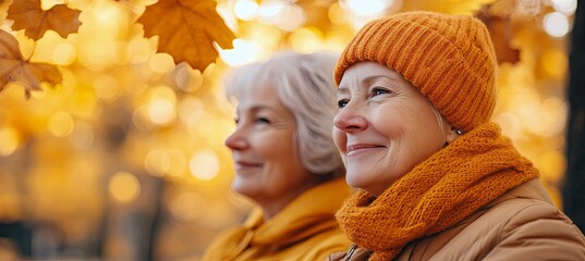 Two senior women are embracing the beauty of golden autumn foliage in a park, taking a leisurely stroll and appreciating the vibrant fall colors, creating a serene and peaceful moment