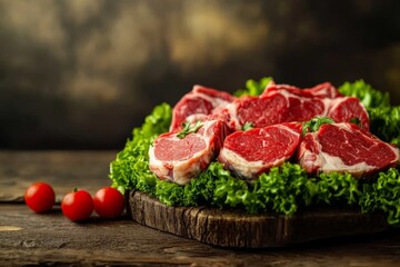 Wall Mural - Raw beef steaks on wood, lettuce, rustic background, food photography