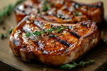 Wall Mural - Grilled pork chops, herbs, wooden board, kitchen, food photography