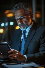 Wall Mural - A man is engrossed in using a tablet while sitting at a desk in an office environment, likely late evening or early morning given the low lighting and the ambient glow of a smartphone. He is focused