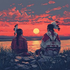 Wall Mural - Native American Couple Watching Sunset Over Calm Water