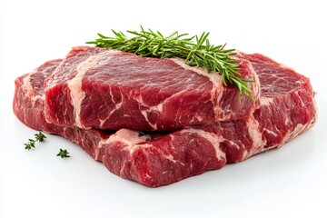 Wall Mural - Raw steaks, rosemary, thyme, white background, food photography, recipe