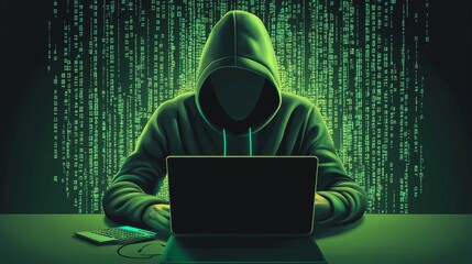 Cybersecurity Threat: Anonymous Hacker Working on Laptop with Green Matrix Code Background