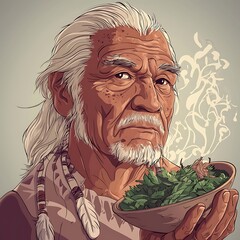 Wise Indigenous Elder Holding Bowl of Herbs, Vector Illustration.