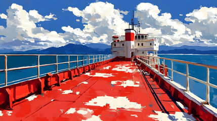 Sticker - Red cargo ship deck, ocean view, sunny day, mountains