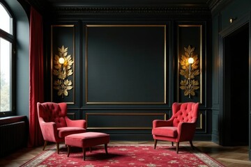 Gold leaf accents on a luxurious black wall in an opulent study, gold, black