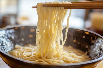 Wall Mural - Lifting noodles from steaming bowl, restaurant background, food photography