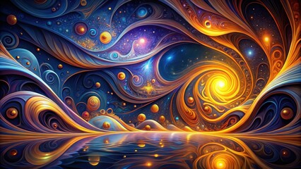 Wall Mural - Celestial Swirls A Dreamlike Cosmos of Golden and Blue Hues Reflecting on a Tranquil Water