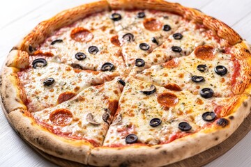 Wall Mural - Pepperoni pizza olives mushrooms sliced wood background food menu