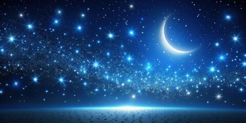 Wall Mural - A Serene Nightscape Featuring a Crescent Moon and a Myriad of Sparkling Stars Above a Tranquil, Flat Landscape