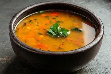 Wall Mural - Hearty vegetable soup, dark bowl, rustic setting, menu photography