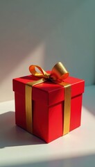 Wall Mural - Crimson gift box, golden ribbon, open lid, festive bow, birthday, stock, romantic