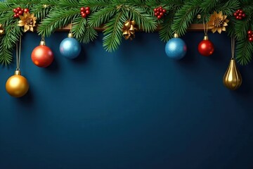 Golden and blue ornaments hanging from a wooden beam on dark blue background, wall decor, holiday garland