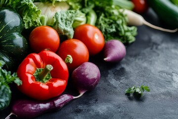 Wall Mural - Fresh vibrant vegetables dark background healthy food cooking