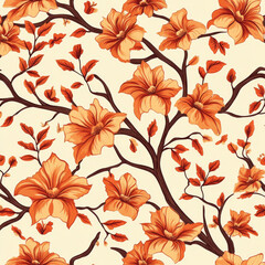 Wall Mural - Seamless pattern of orange flowers on branches