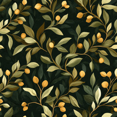 Wall Mural - Seamless pattern with leaves and yellow fruits on dark background