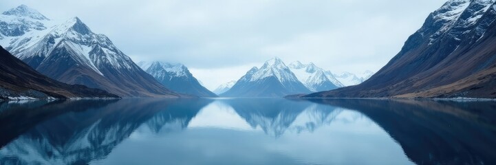 Wall Mural - snowy peaks reflected in calm fjord lake surface, water, reflection, scenery