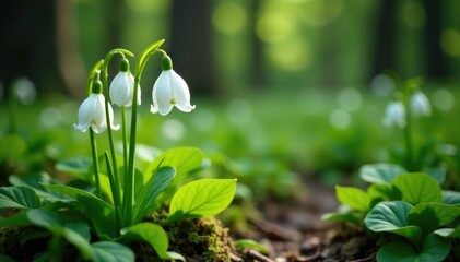 Wall Mural - Delicate white lily of valley flowers in woodland forest floor, nature, wildflowers