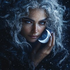 Wall Mural - Hyperrealistic image of celestial entity with silver hair like flowing rivers adorned with frost patterns glistening under starlight A crescent moon cradles in their palm set against a cosmic backdrop