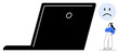 © robu_s - Large black laptop and sad face emotion representing stress. Small person with hand on chin. Ideal for work-life balance, online communication, stress management, technology impact, mental health