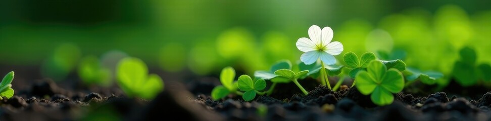 Wall Mural - delicate white clover leaves emerging on dark ground, clover, green, plant