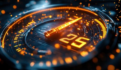 futuristic speedometer with orange glow and needle at 2025 - digital art illustration