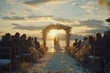 © Cariszzzz - Sunset Wedding Ceremony: A romantic sunset wedding ceremony takes place on a picturesque waterfront, with the couple standing under an elegant floral archway, bathed in golden sunlight.