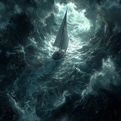 Wall Mural - Lone Sailboat Battling a Stormy Sea at Night.