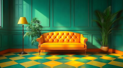 Poster - Sunny yellow sofa in retro green room