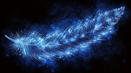 Canvas Print - Glowing Blue Feather with Sparkling Dust Particles on Black Background