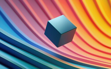 Canvas Print - levitating cube on an energetic abstract wave background